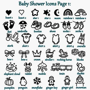 Pu&ograve; includere: Una collezione di icone in linea nera intitolata Baby Shower Icons Page 1, che presenta vari simboli tra cui cuori, stelle, luna, arcobaleni, piedi di neonato, ombrello, scarpine, scarpe, calzini, cicogna, magliette, salopette, fiocchi, corona, passeggino, cavallo a dondolo, blocchi, elefante, coniglio, giostrina, treno, paperella, zucca, pinguino, fiocco di neve, omini di pan di zenzero e pupazzo di neve.