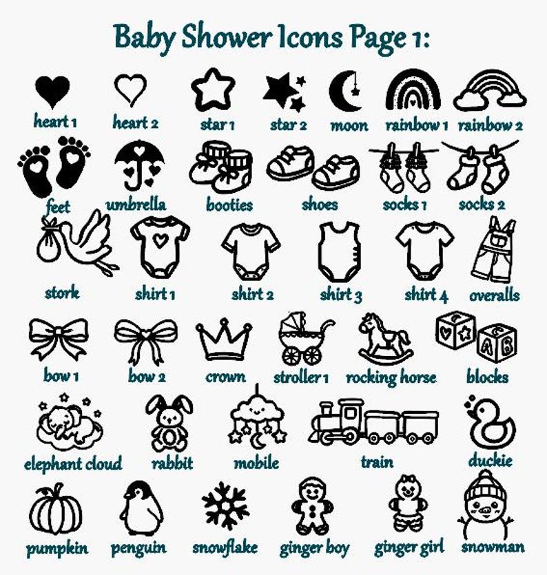 Pu&ograve; includere: Una collezione di icone in linea nera intitolata Baby Shower Icons Page 1, che presenta vari simboli tra cui cuori, stelle, luna, arcobaleni, piedi di neonato, ombrello, scarpine, scarpe, calzini, cicogna, magliette, salopette, fiocchi, corona, passeggino, cavallo a dondolo, blocchi, elefante, coniglio, giostrina, treno, paperella, zucca, pinguino, fiocco di neve, omini di pan di zenzero e pupazzo di neve.