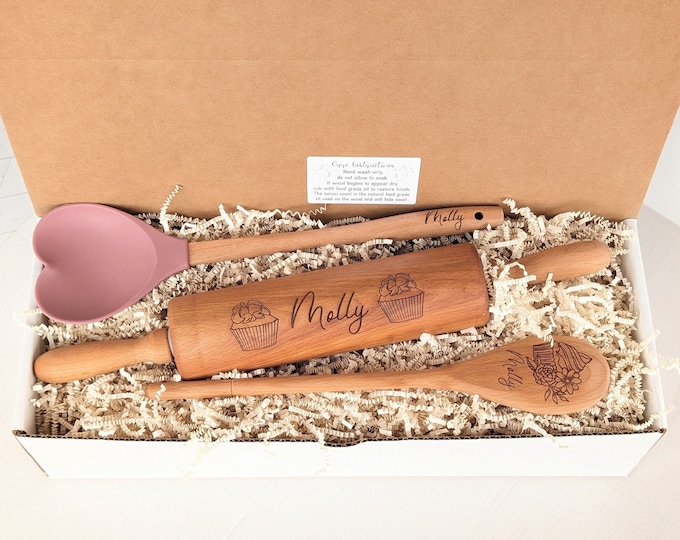 Engraved Baking Gift Box: Personalized Rolling Pin & Spatula for Bakers, Mom birthday gift,
