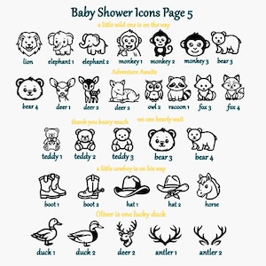 Pu&ograve; includere: Una collezione di icone in linea nera per baby shower, che include animali come leoni, elefanti, scimmie, orsi, cervi, gufi, procioni, volpi, cavalli e anatre, oltre a stivali da cowboy, cappelli e corna, con etichette di testo e frasi.