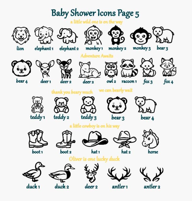 Pu&ograve; includere: Una collezione di icone in linea nera per baby shower, che include animali come leoni, elefanti, scimmie, orsi, cervi, gufi, procioni, volpi, cavalli e anatre, oltre a stivali da cowboy, cappelli e corna, con etichette di testo e frasi.