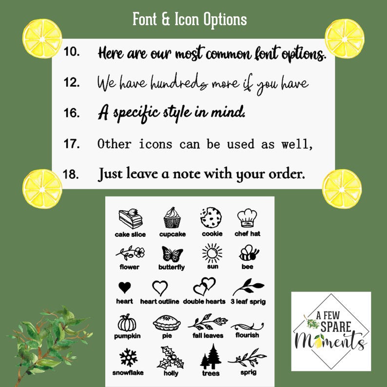 Puede incluir: Gr&aacute;fico con opciones de fuentes e iconos, que incluyen una rebanada de pastel, cupcake, galleta, gorro de chef, flor, mariposa, sol, abeja, coraz&oacute;n, calabaza, tarta y m&aacute;s. Texto: "Aqu&iacute; est&aacute;n nuestras opciones de fuente m&aacute;s comunes. Un estilo espec&iacute;fico en mente."