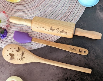 Wooden kitchen toys, Personalized spatula, Kids rolling pin, Baking gifts, Butterfly, Niece gift from aunt, Granddaughter gift,