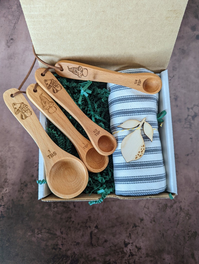 Birthday gift box, Wood measuring cups, Measuring spoons, Gnome kitchen, 60th birthday gifts for women, Mom birthday gift, Spoons and towel