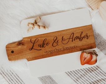 Engraved Marble Acacia Wood Cutting Board, Personalized Anniversary Gift, Slightly flawed,