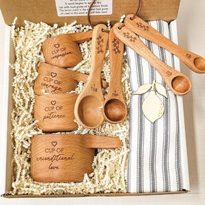 Engraved Beechwood Measuring Cups & Spoons Gift Set: Wedding Shower Giftbox
