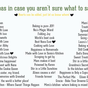 Puede incluir: Fondo blanco con texto verde que dice "&iexcl;Ideas en caso de que no sepas qu&eacute; decir!" y una lista de frases relacionadas con la reposter&iacute;a. Las frases incluyen "Cake Queen", "Baking Boss" y "Made with Love".