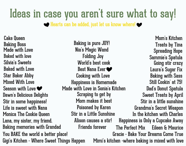 Puede incluir: Fondo blanco con texto verde que dice "&iexcl;Ideas en caso de que no sepas qu&eacute; decir!" y una lista de frases relacionadas con la reposter&iacute;a. Las frases incluyen "Cake Queen", "Baking Boss" y "Made with Love".