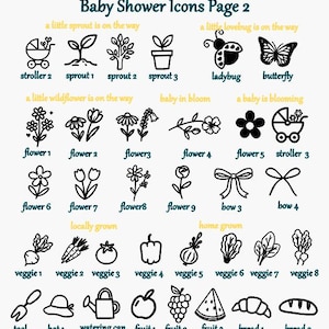 Pu&ograve; includere: Una collezione di icone in linea nera intitolata Baby Shower Icons Page 2, che presenta passeggini, germogli, una coccinella, una farfalla, vari fiori, fiocchi, verdure, un attrezzo da giardino, un cappello, un annaffiatoio, frutta e pane.
