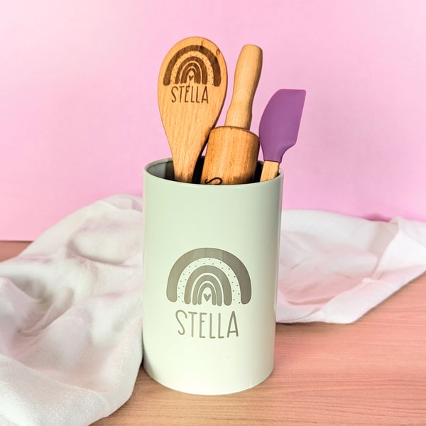 Kids baking gift set, Utensil holder, Personalized baking gifts, Rainbow, Granddaughter gifts, Niece gift from aunt,