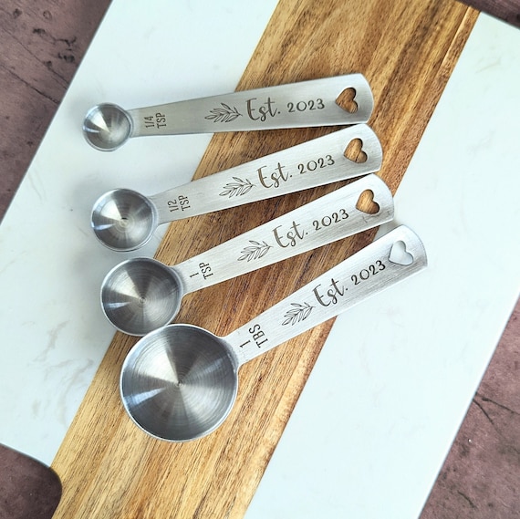 Wood and Steel Measuring Spoons Set Matte Silver Finish With Wooden Inlay  Handles 1 Table Spoon to 1/4 Tea Spoon Handmade Gift Boxed 