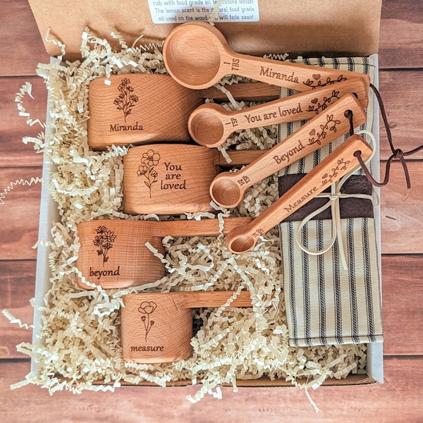 Ensemble de tasses et cuillères à mesurer gravées au laser, manique, cadeaux utiles.
