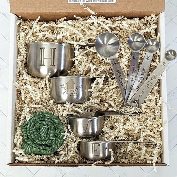 Engraved Stainless Steel Measuring Cups Spoons Housewarming Gift Basket