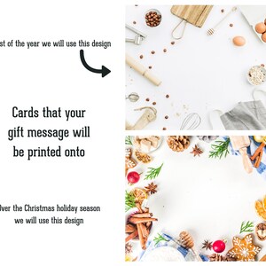 May include: Two images showing different designs for gift cards. The top image shows a white background with baking ingredients and tools, including a rolling pin, whisk, eggs, and nuts. The bottom image shows a white background with Christmas-themed baking ingredients and tools, including cinnamon sticks, star anise, pine sprigs, and a gingerbread cookie.
