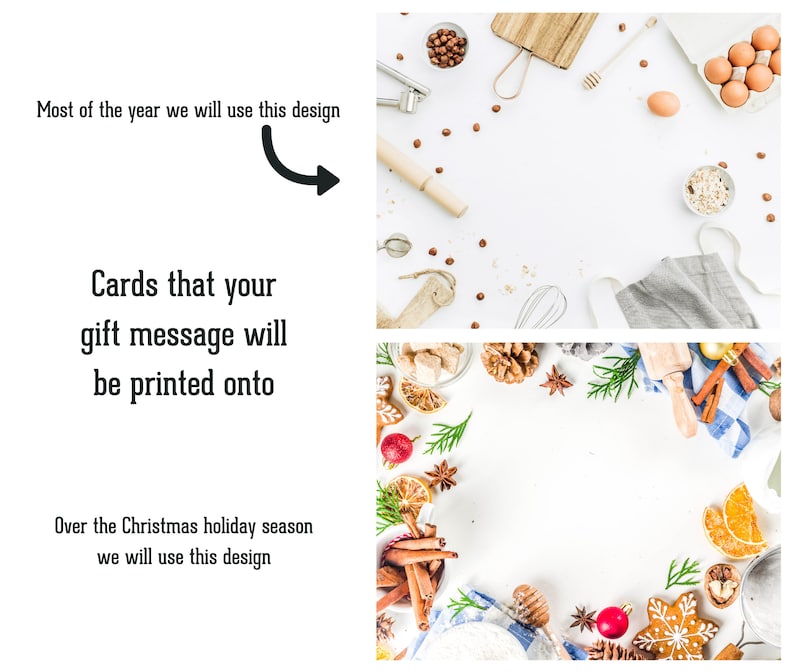 May include: Two images showing different designs for gift cards. The top image shows a white background with baking ingredients and tools, including a rolling pin, whisk, eggs, and nuts. The bottom image shows a white background with Christmas-themed baking ingredients and tools, including cinnamon sticks, star anise, pine sprigs, and a gingerbread cookie.