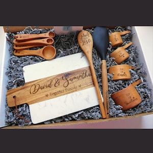 Engagement gift box, Engraved cutting board, Wooden measuring cups, Cooking gifts, Unique wedding gift for couple,