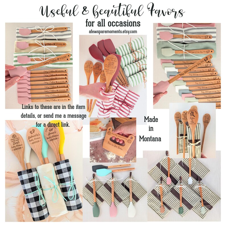 May include: A collection of wooden-handled silicone spatulas and spoons featuring custom laser-engraved text and graphics. The utensils are bundled with various patterned fabric napkins, including buffalo check and striped designs.