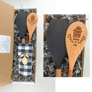 New home gift basket, Housewarming gift basket, Personalized wooden spoon, Engraved spatula, Realtor closing gift,