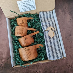 Birthday gift box, Wood measuring cups, Measuring spoons, Gnome kitchen, 60th birthday gifts for women, Mom birthday gift, Cups and towel