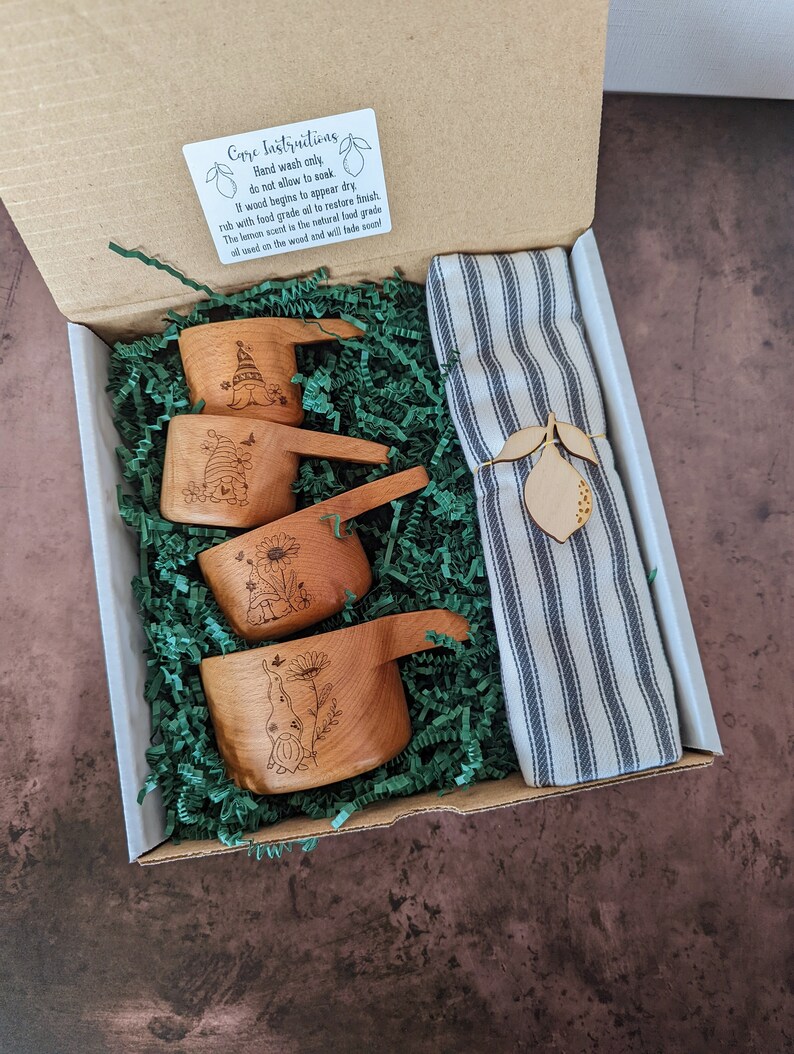 Birthday gift box, Wood measuring cups, Measuring spoons, Gnome kitchen, 60th birthday gifts for women, Mom birthday gift, Cups and towel