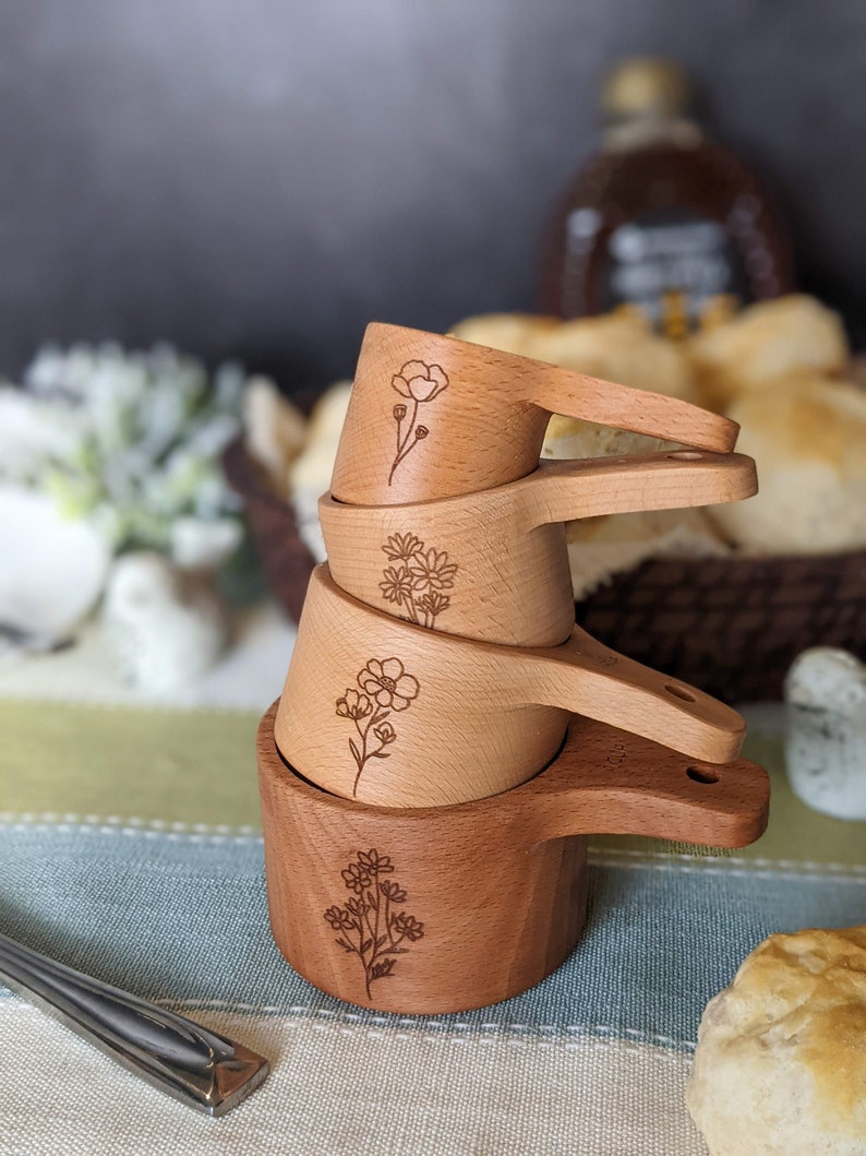 Wooden measuring cups, Measuring spoons, Baking gifts, Floral, Flowers, 50th birthday gift for women, Mom gift, image 2