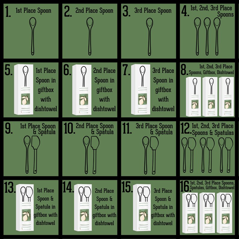 Peut inclure: Un tableau pr&eacute;sentant 16 options de prix diff&eacute;rentes pour un concours de cuisine. Les options comprennent une cuill&egrave;re en bois, une spatule, un coffret cadeau et un torchon. Le tableau est divis&eacute; en quatre rang&eacute;es et quatre colonnes. Chaque case contient un num&eacute;ro et une description du prix. Par exemple, la premi&egrave;re case indique "1. 1&egrave;re place Cuill&egrave;re".
