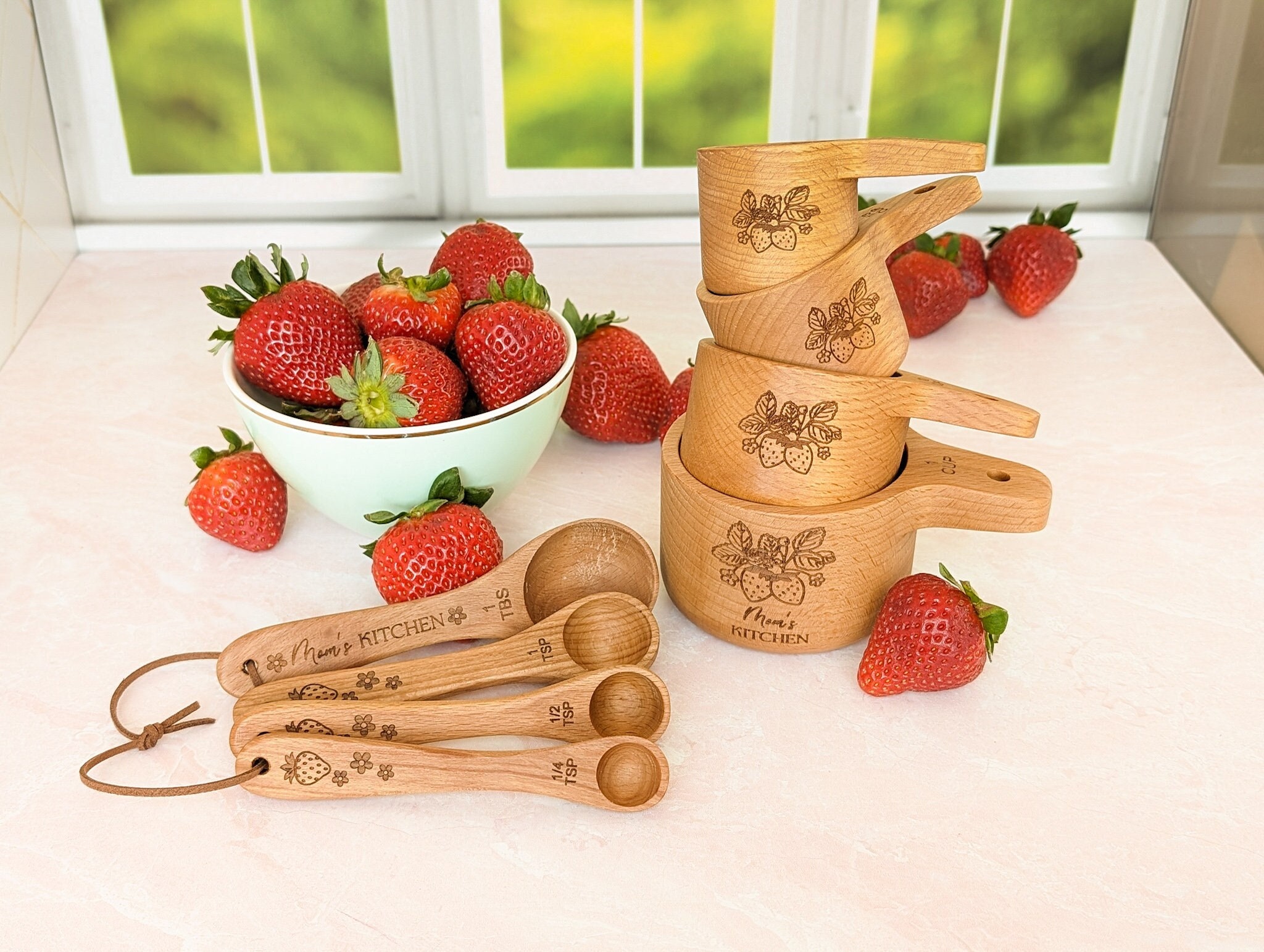 Wood measuring cups, Measuring spoons, Strawberry kitchen, Mothers day gift ideas for Grandma, Mimi gifts,