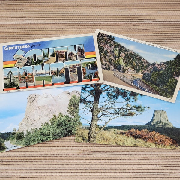 V¡nTagE South Dakota Souvenir Postcards, Boulder Canyon, Mt. Rushmore, Devils Tower National Monument, Black Hills Vacation Postcards, set 4
