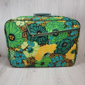 V¡nTagE Floral Suitcase, Mid-Century Floral Canvas Suitcase, Retro Flower Power Carry-on Bag, Vintage Floral Luggage Case w/ Key, Japan Bag