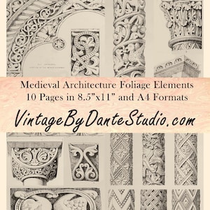May include: A sepia-toned print featuring detailed illustrations of medieval architectural elements. The image includes ornate columns, arches, and decorative carvings. Text on the print reads "Medieval Architecture Foliage Elements" and "Vintage By Dante Studio.com".
