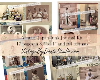 May include: A vintage junk journal kit with 17 pages of antique Japanese imagery. The kit includes images of geishas, traditional scenes, and historical photographs. The pages are available in 21.6 cm x 27.9 cm and A4 formats.