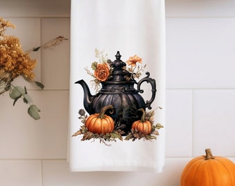 Vintage Gothic Halloween Tea Towel Pumpkins & Teapot Kitchen Decor