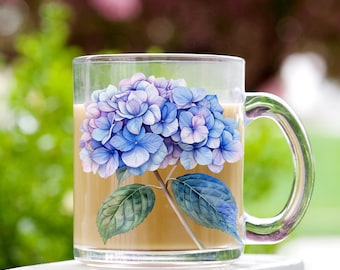 Blue Hydrangea Glass Mug Garden Flower Tea Cup Gift for Mom
