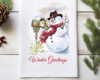 Snowman Holiday Decor Tea Towel Gift Vintage Christmas Kitchen Towel Winter Greetings for Kitchen Decor Christmas Snowman