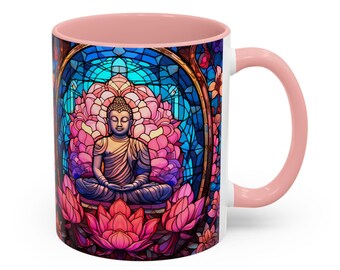 Taza de café con Buda de vidrieras, taza de té de meditación de loto rosa