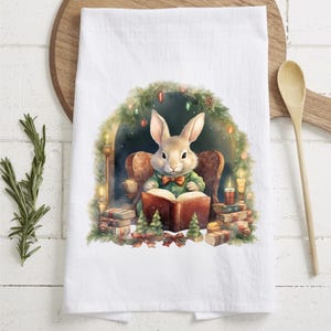 Christmas Bunny Reading Book Kitchen Towel Rabbit Book Lover Gift Tea Towel For Bookworm Holiday Bunny Cozy Winter Decor For Kitchen