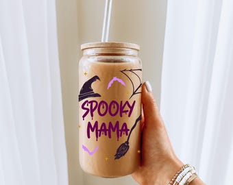 Vaso de cristal personalizado Spooky Mama para café helado de Halloween