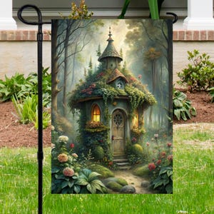 Whimsical Floral Fairy House Garden Flag Green Mossy Elegant Fairyland Home Decorative Yard Art Fantasy Forest Whimsy Porch Patio Door Decor
