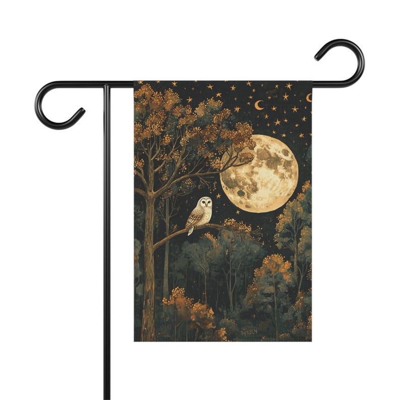 Bandera de jardín con búho nocturno y luna llena melancólica, decoración otoñal para patio o bosque (12x18) imagen 3