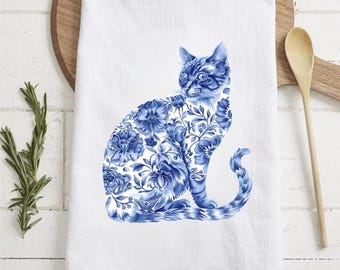Blue Toile de Jouy Cat Kitchen Towel French-Style Floral Decor