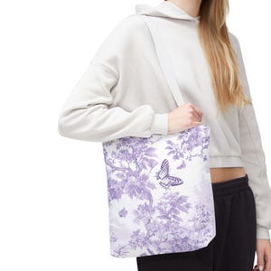Purple Toile Butterfly Garden Tote Bag Elegant Women's Carryall image 5