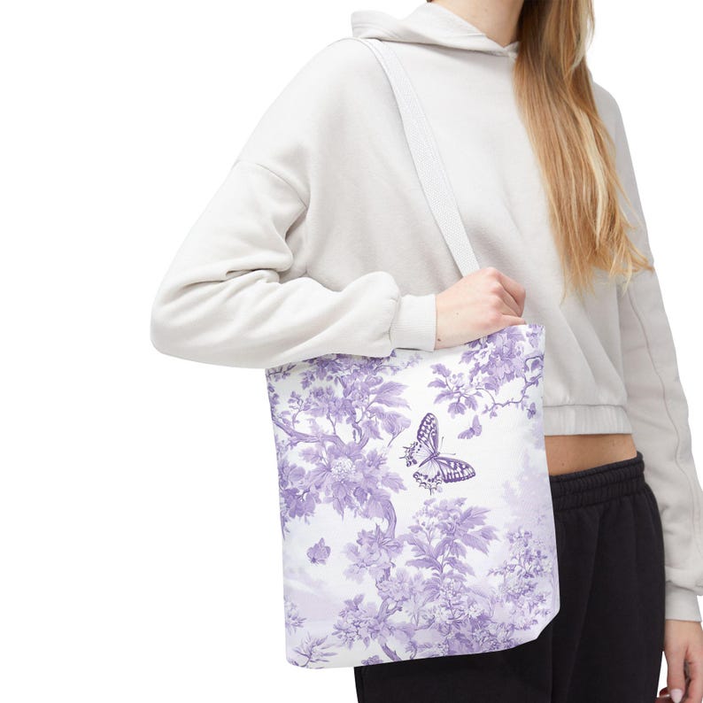 Purple Toile Butterfly Garden Tote Bag Elegant Women's Carryall image 5
