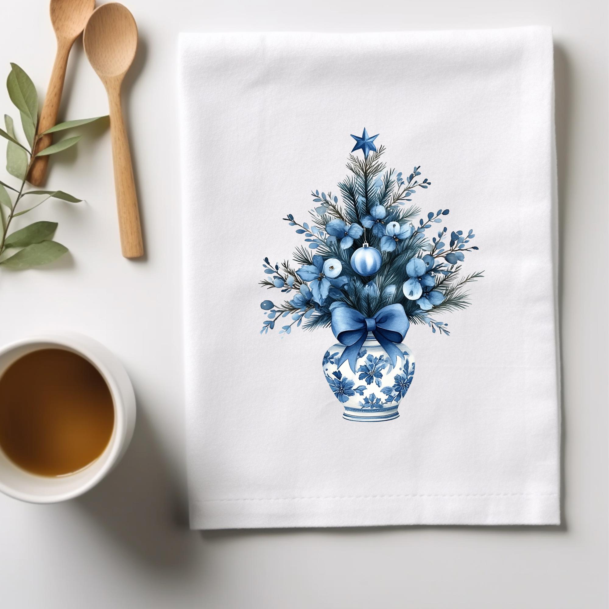 Christmas Blue Chinoiserie Kitchen Towel Mini Christmas Tree Coquette Bow Chinoiserie Tea Towel Blue Christmas Elegance Tea Towel