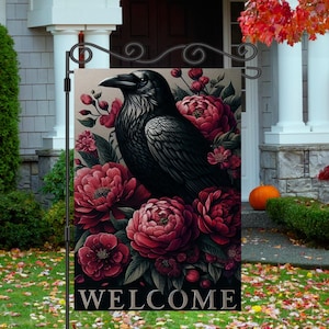 Floral Raven Academia Garden Flag Gothic Floral Dark Botanical Welcome Flag Crow Lover Decor Gothic Raven Garden Banner Dark Floral Decor