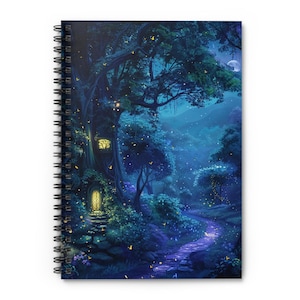 May include: Spiral-bound notebook featuring a fantasy forest scene. The cover art depicts a glowing path winding through a moonlit forest with a whimsical fairy-tale aesthetic. The color palette is dominated by blues and greens.