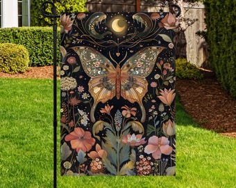 Bandera de jardín con diseño floral rosa y polilla lunar, decoración celestial para exteriores.