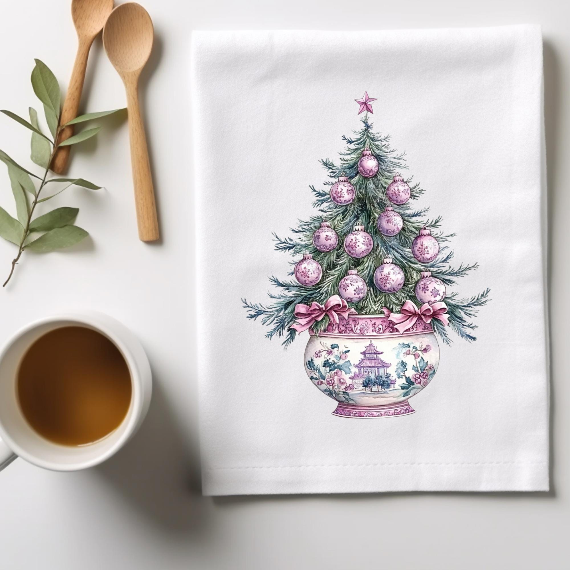 Pink Chinoiserie Christmas Tree Kitchen Towel Pink Coquette Bow Chinoiserie Pagoda Cotton Tea Towel Decorative Hand Towel Christmas Gift