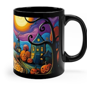 Tazza da caffè con motivo casa stregata di Halloween e arte popolare spettrale