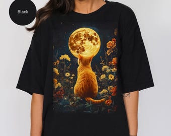 Mystical Orange Cat Full Moon Garden Comfort Colors Unisex Cotton Crew Glowing Moon Cat Celestial Flowers Womens Fashion Cotton Tshirt