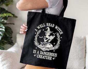 Book Witch Black Canvas Tote Bag Spooky Season Reader Gift
